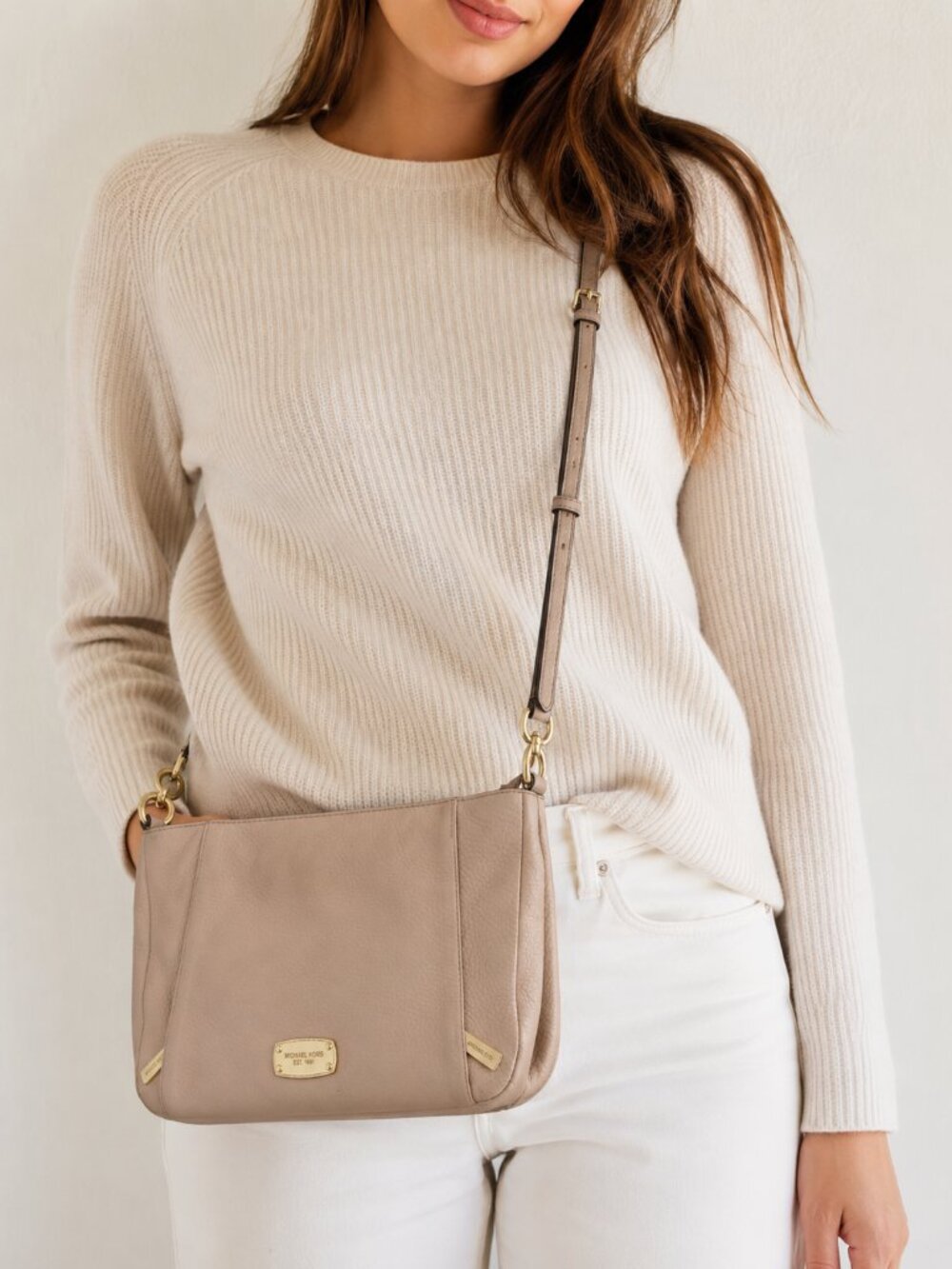 Michael Kors Blush Tan Leather Crossbody Handbag Purse Gold Hardware Bag